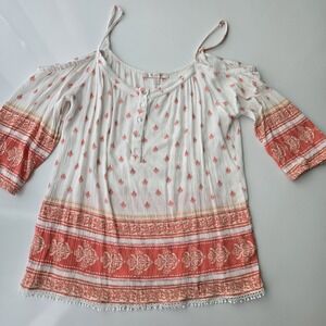Skies Are Blue Cold Shoulder Tunic Top Orange‎ Fleur de Lis Print Women's M